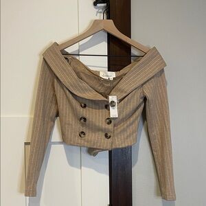 Anthropologie Beige Pinstripe Off-Shoulder Blouse